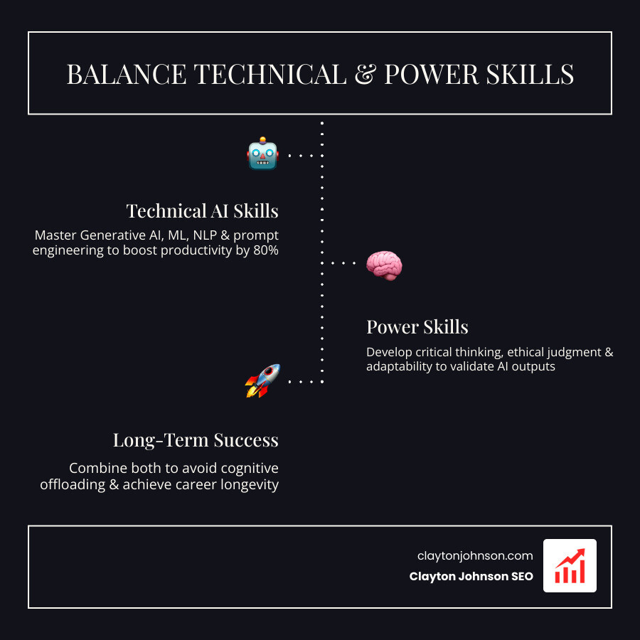 infographic showing the balance between technical AI skills like generative AI and machine learning on one side, and power skills like critical thinking and ethical judgment on the other, with arrows indicating both feed into long-term career success - AI skills enhancement infographic infographic-line-3-steps-dark