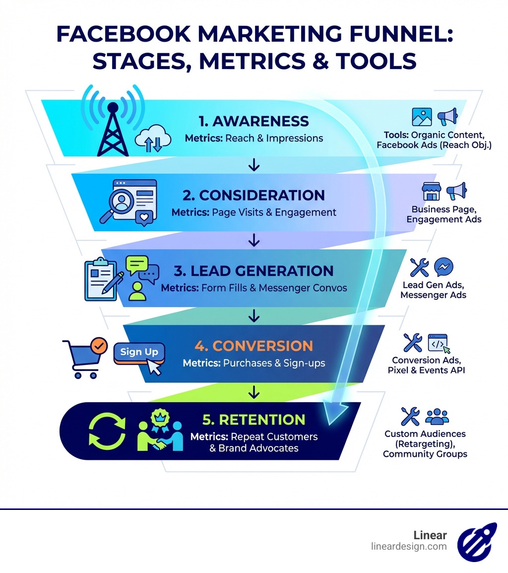 infographic showing the Facebook marketing funnel with five stages: awareness through reach and impressions, consideration through page visits and engagement, lead generation through form fills and messenger conversations, conversion through purchases and sign-ups, and retention through repeat customers and brand advocates, with corresponding metrics and tools for each stage - digital marketing in facebook infographic 