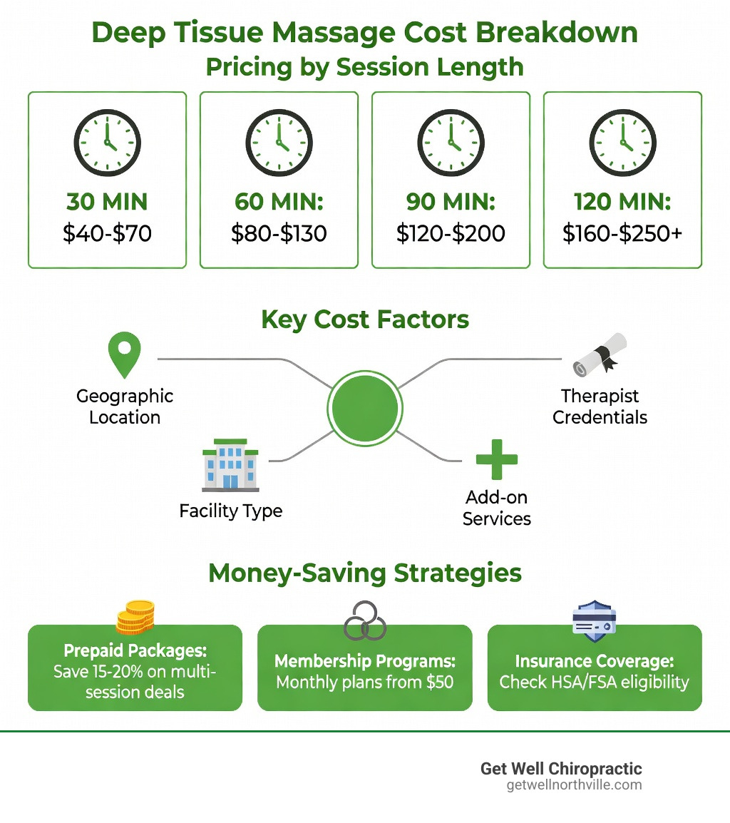 Infographic showing deep tissue massage cost breakdown by session length (30, 60, 90, 120 minutes) with national average price ranges, key cost factors including therapist credentials, geographic location, facility type, and add-on services, plus money-saving strategies like packages, memberships, and insurance coverage options - deep tissue massage cost infographic 