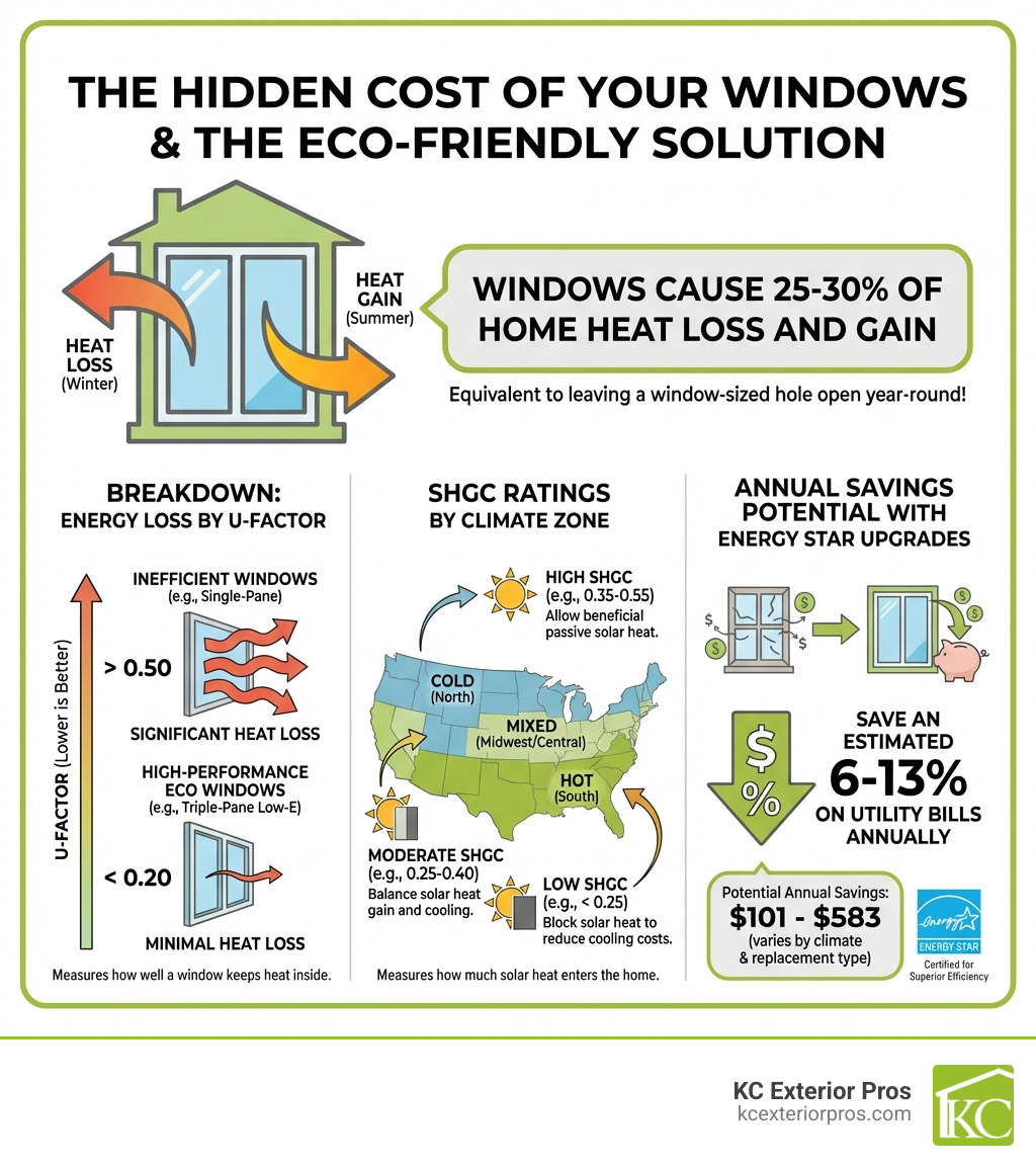 infographic showing how windows cause 25-30% of home heat loss and gain, with breakdown of energy loss by U-factor, SHGC ratings by climate zone, and annual savings potential from ENERGY STAR certified window upgrades - best eco friendly windows infographic infographic showing how windows cause 25-30% of home heat loss and gain, with breakdown of energy loss by U-factor, SHGC ratings by climate zone, and annual savings potential from ENERGY STAR certified window upgrades - best eco friendly windows infographic