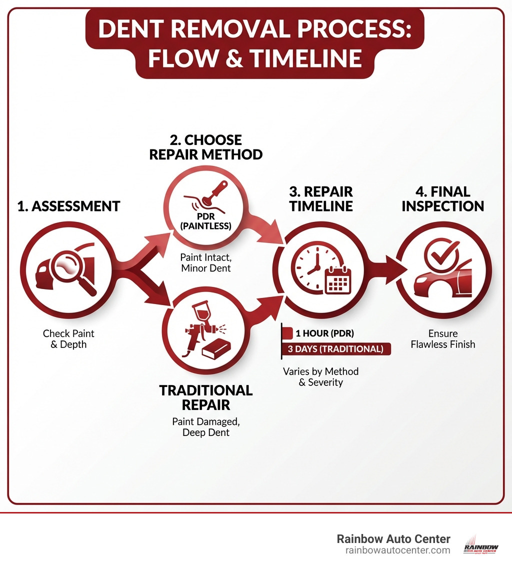 Infographic showing the dent removal process: assessment of damage, choosing between PDR or traditional repair based on paint condition and dent depth, repair timeline of 1 hour to 3 days, and final quality inspection - dent removal hayward ca infographic 