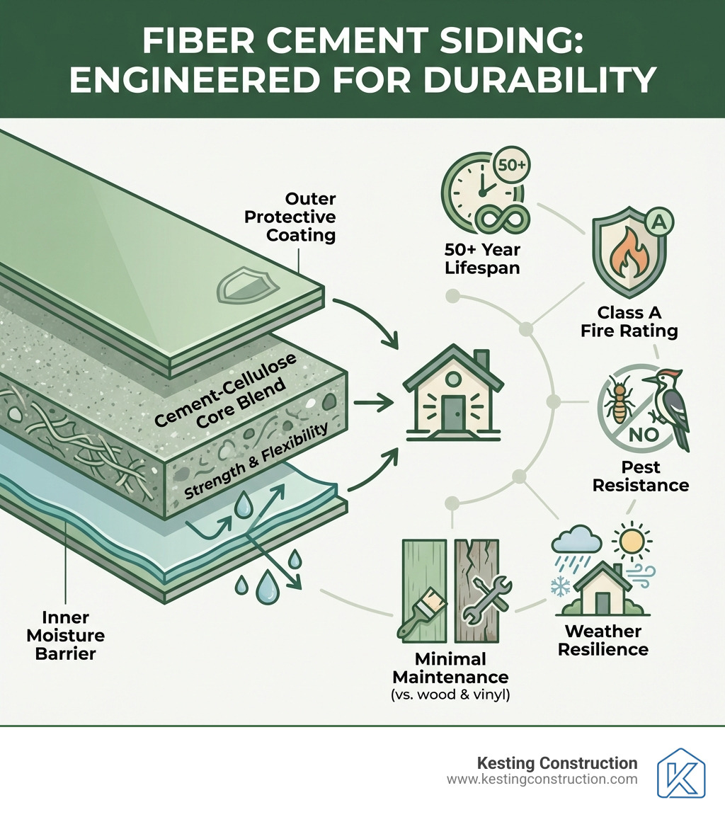 Infographic showing fiber cement siding composition with layers: outer protective coating, cement-cellulose core blend, and inner moisture barrier, alongside key durability factors including 50+ year lifespan, Class A fire rating, pest resistance, weather resilience, and minimal maintenance requirements compared to wood and vinyl alternatives - fiber cement siding durability infographic 