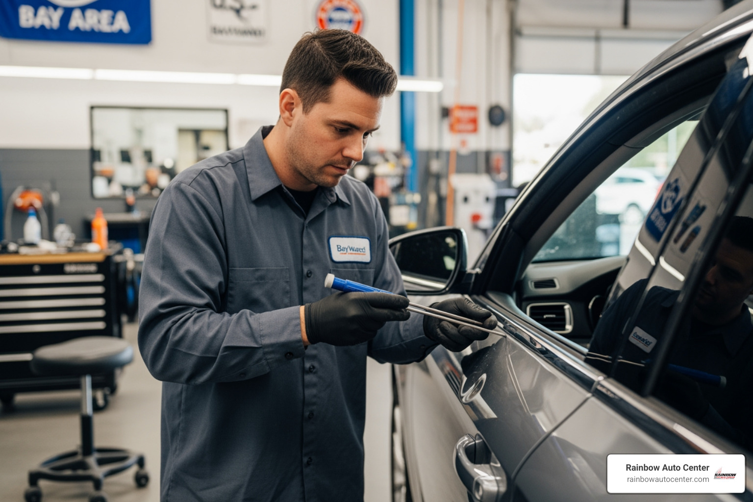 Technician using specialized PDR rods to massage a dent out of a car door in a Hayward workshop - dent removal hayward ca