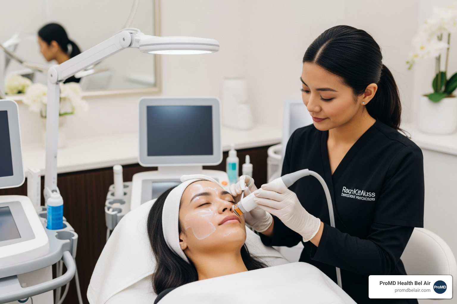 A patient receiving a gentle, non-invasive facial rejuvenation treatment in a modern clinical setting - Future of aesthetics