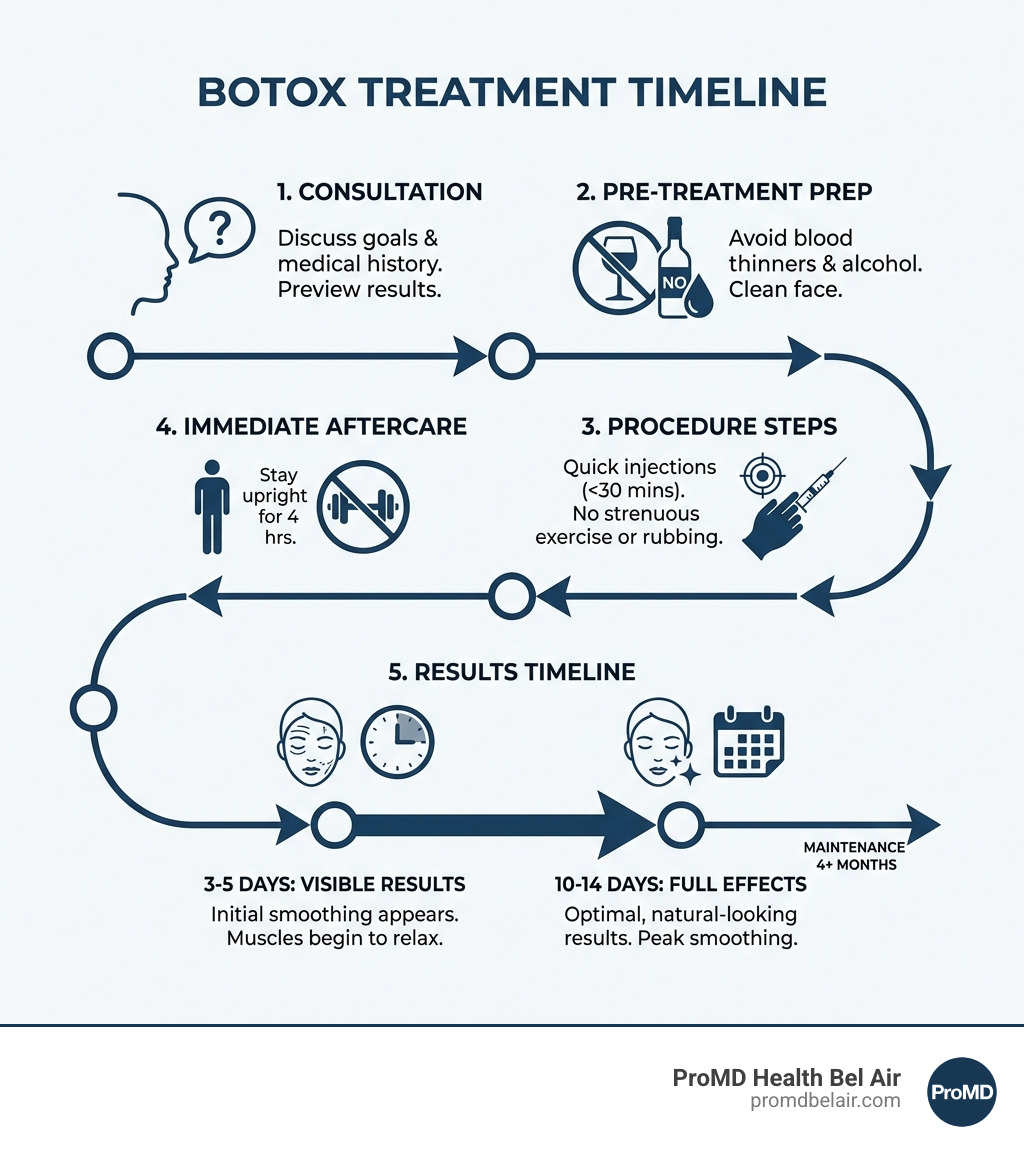 infographic showing the Botox treatment timeline from consultation through results, including pre-treatment preparation, injection procedure steps, immediate aftercare instructions, and expected timeline for visible results at 3-5 days and full effects at 10-14 days - botox bel air md infographic infographic showing the Botox treatment timeline from consultation through results, including pre-treatment preparation, injection procedure steps, immediate aftercare instructions, and expected timeline for visible results at 3-5 days and full effects at 10-14 days - botox bel air md infographic