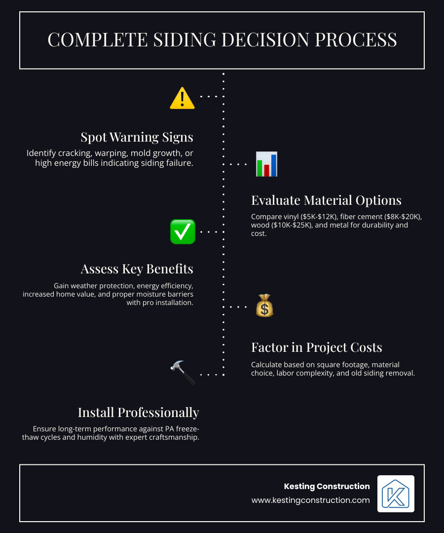 Infographic showing the complete siding decision process: warning signs that indicate replacement needed (cracking, warping, mold, high energy bills), popular material options with cost ranges (vinyl, fiber cement, wood, metal), key benefits of professional installation (weather protection, energy efficiency, increased home value, proper moisture barriers), and factors affecting total project cost (square footage, material choice, labor complexity, removal of old siding) - Montgomery County siding infographic infographic-line-5-steps-dark
