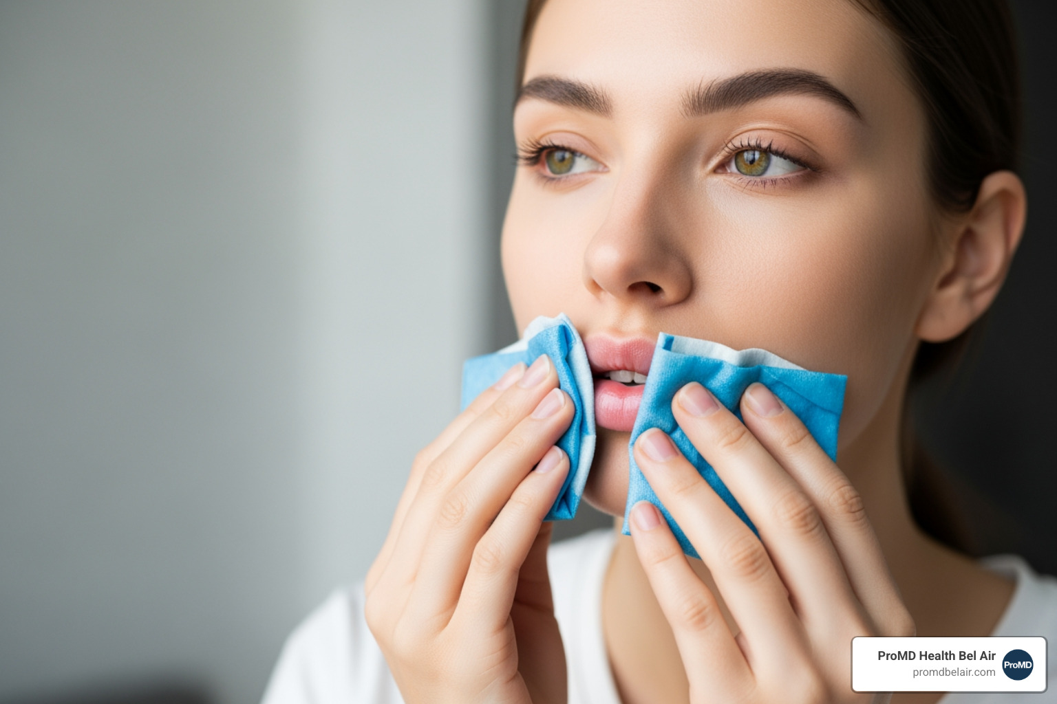 Patient applying a cold compress to their lips after filler treatment - Lip filler aftercare Patient applying a cold compress to their lips after filler treatment - Lip filler aftercare