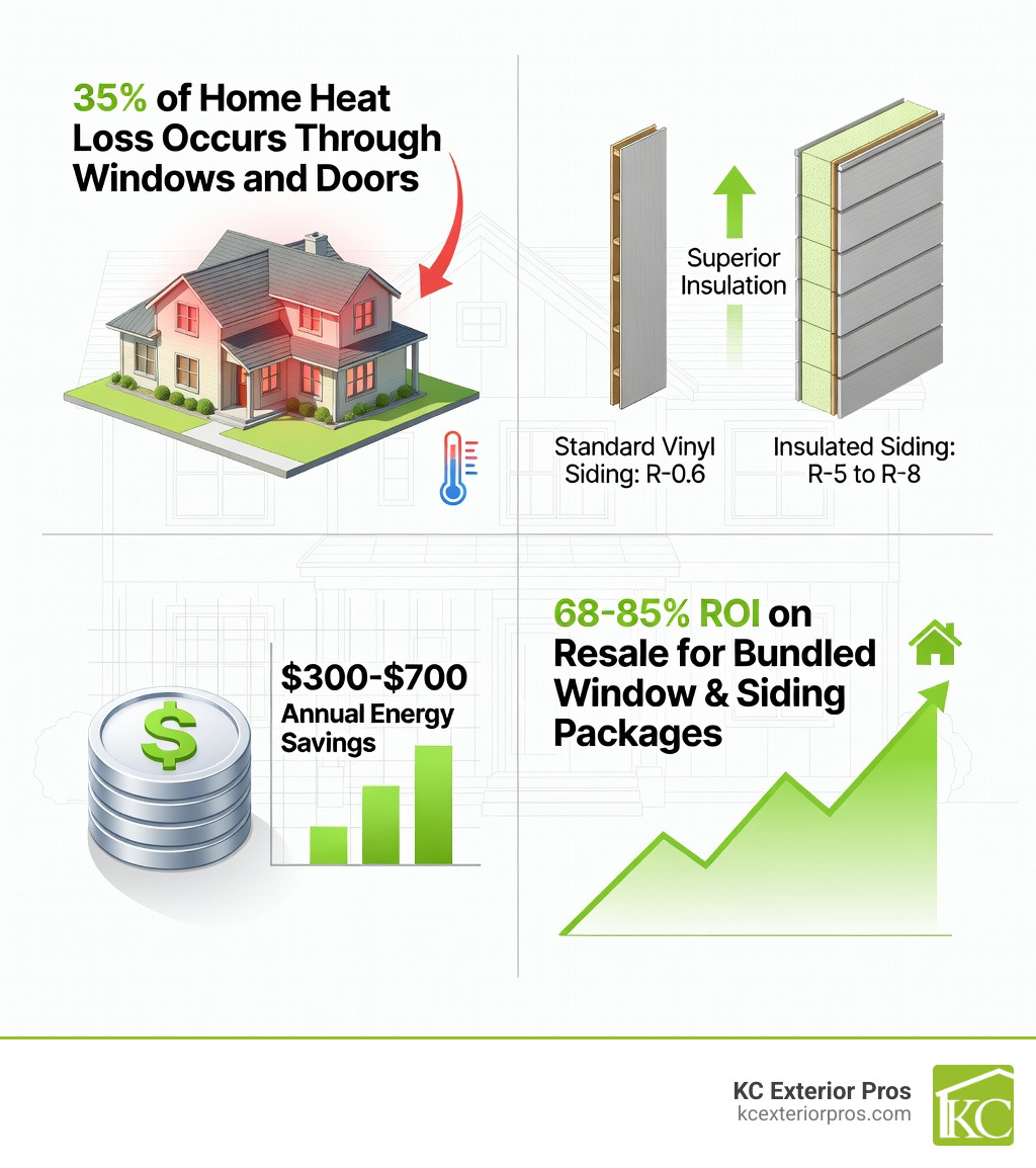 infographic showing 35% of home heat loss through windows and doors, R-value comparison between standard vinyl siding at R-0.6 versus insulated siding at R-5 to R-8, annual energy savings of $300-$700, and 68-85% ROI at resale for bundled window and siding packages - efficient window siding packages infographic infographic showing 35% of home heat loss through windows and doors, R-value comparison between standard vinyl siding at R-0.6 versus insulated siding at R-5 to R-8, annual energy savings of $300-$700, and 68-85% ROI at resale for bundled window and siding packages - efficient window siding packages infographic