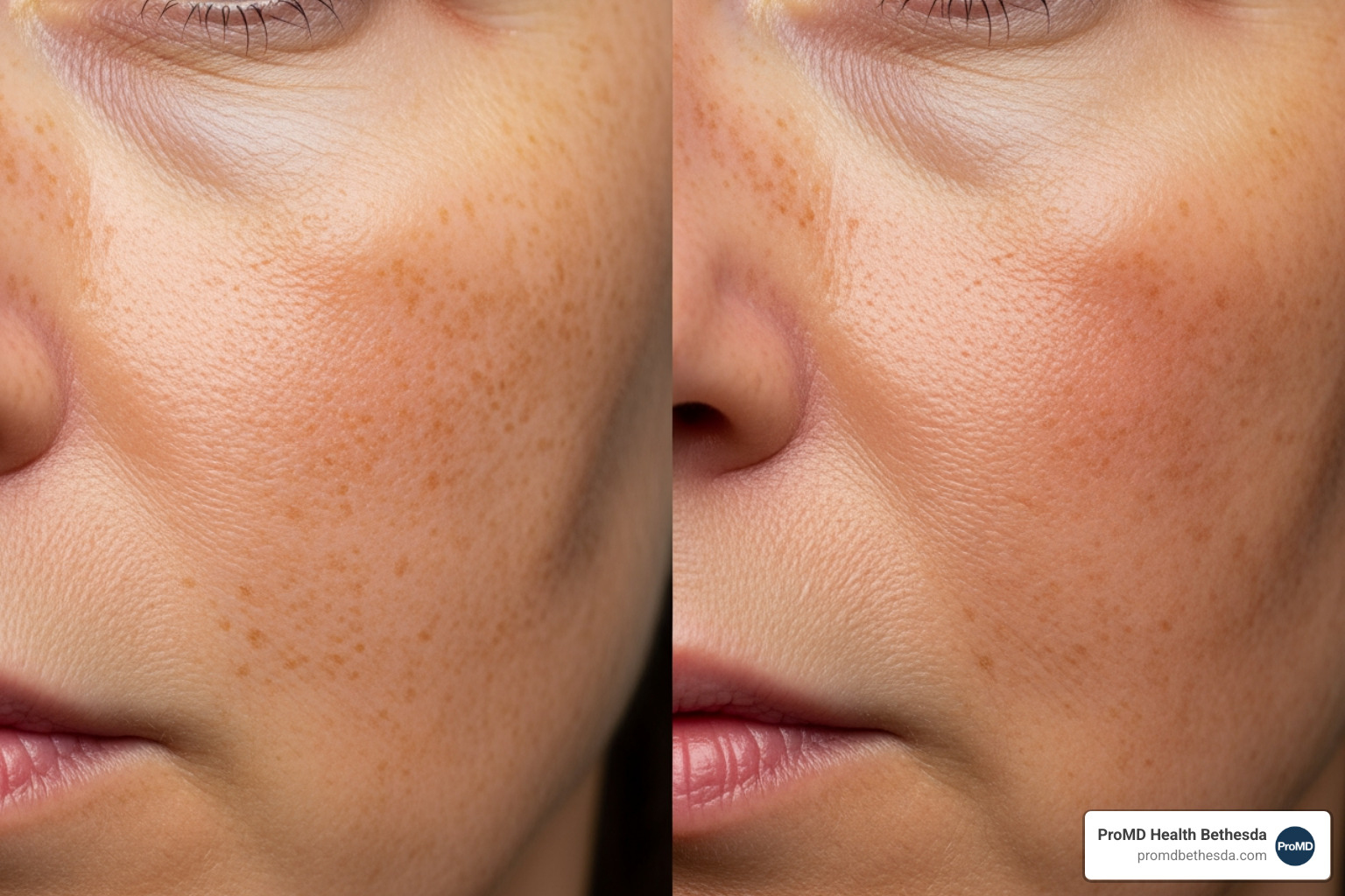 A side-by-side comparison showing small, scattered freckles versus larger, more defined, and darker sun spots on a patient's cheek - Laser for sun spots