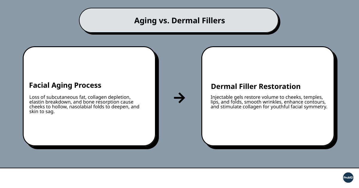 infographic showing the aging process with volume loss in facial fat pads, loss of bone density, and collagen depletion over time, alongside how dermal fillers restore volume in key areas like cheeks, temples, nasolabial folds, and lips - what are dermal fillers infographic cause_effect_text infographic showing the aging process with volume loss in facial fat pads, loss of bone density, and collagen depletion over time, alongside how dermal fillers restore volume in key areas like cheeks, temples, nasolabial folds, and lips - what are dermal fillers infographic cause_effect_text