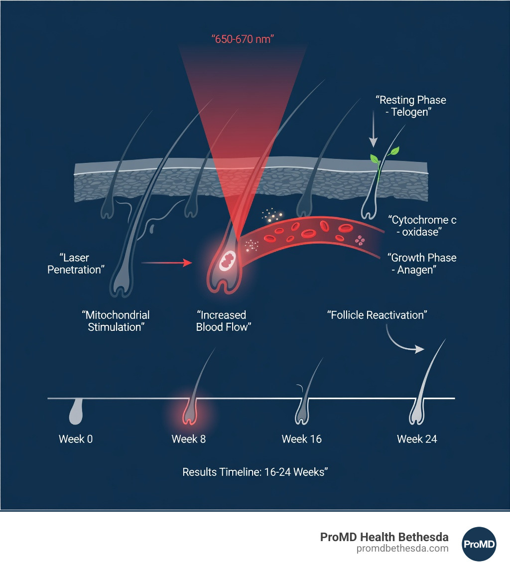 infographic showing how laser light penetrates the scalp, stimulates mitochondria in hair follicles, increases blood flow through vasodilation, and transitions follicles from resting phase to active growth phase, with a timeline showing results appearing over 16-24 weeks - how does laser hair restoration work infographic 
