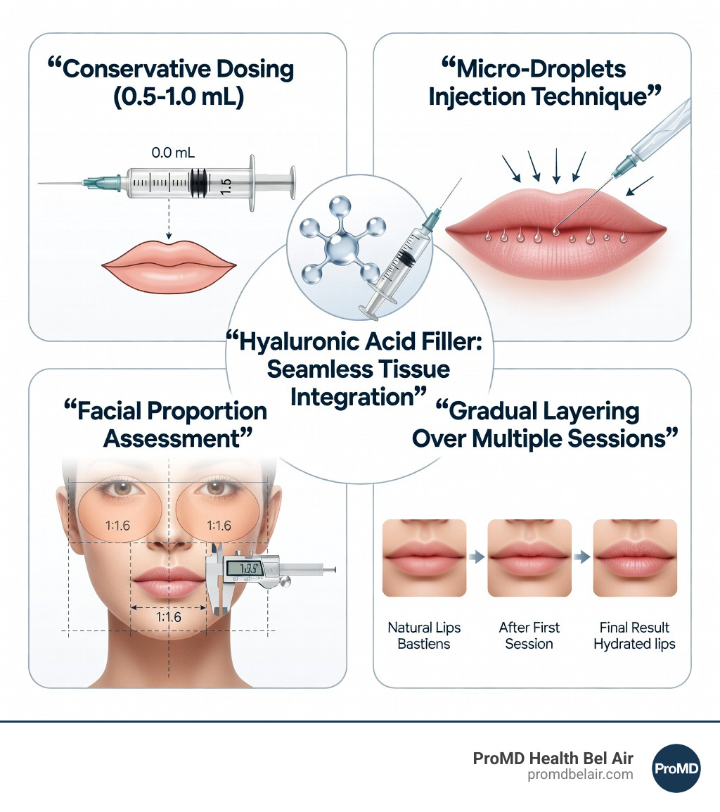 Infographic showing the key elements of natural lip enhancement: hyaluronic acid filler properties, conservative dosing (0.5-1.0 mL), micro-droplet injection technique, facial proportion assessment, and gradual layering approach over multiple sessions for seamless integration - natural looking lip fillers infographic Infographic showing the key elements of natural lip enhancement: hyaluronic acid filler properties, conservative dosing (0.5-1.0 mL), micro-droplet injection technique, facial proportion assessment, and gradual layering approach over multiple sessions for seamless integration - natural looking lip fillers infographic