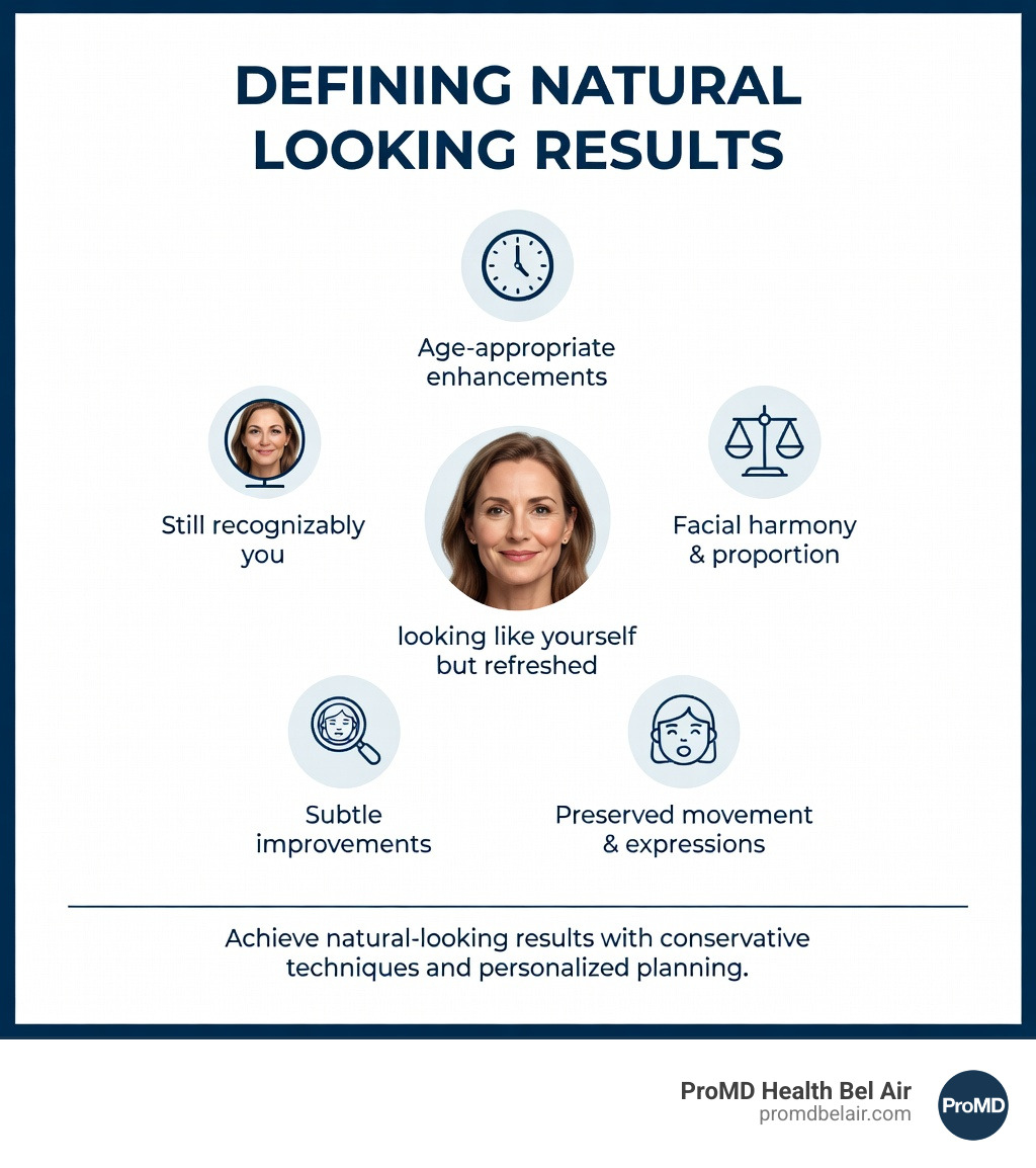 Infographic showing the definition of natural looking results: Age-appropriate enhancements that preserve facial movement and expressions, maintain facial harmony and proportion, create subtle improvements rather than dramatic changes, keep you looking like yourself but refreshed, and avoid frozen or overfilled appearances - Natural looking results infographic Infographic showing the definition of natural looking results: Age-appropriate enhancements that preserve facial movement and expressions, maintain facial harmony and proportion, create subtle improvements rather than dramatic changes, keep you looking like yourself but refreshed, and avoid frozen or overfilled appearances - Natural looking results infographic
