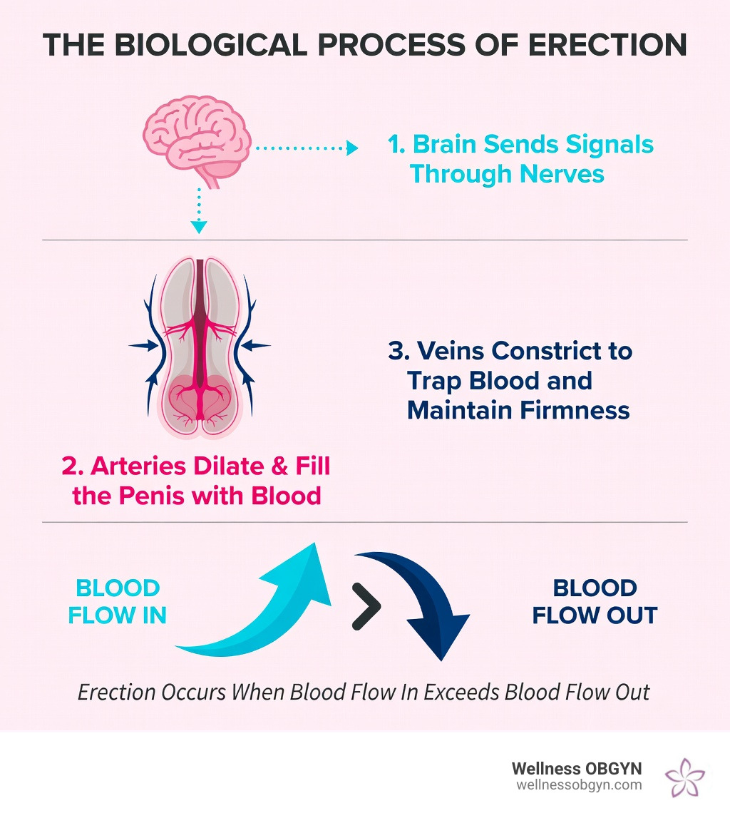 Infographic showing the biological process of erection: Brain sends signals through nerves, arteries dilate and fill the penis with blood, veins constrict to trap blood and maintain firmness, erection occurs when blood flow in exceeds blood flow out - what is ed infographic 