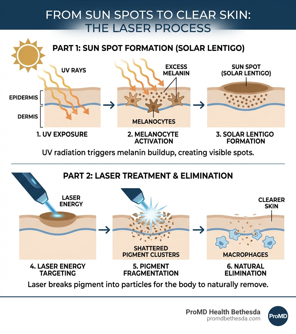 Infographic showing how UV rays penetrate skin layers, trigger melanocyte activity, create excess melanin deposits that form solar lentigines, and how laser energy breaks down these pigment clusters for natural elimination - Laser for sun spots infographic 