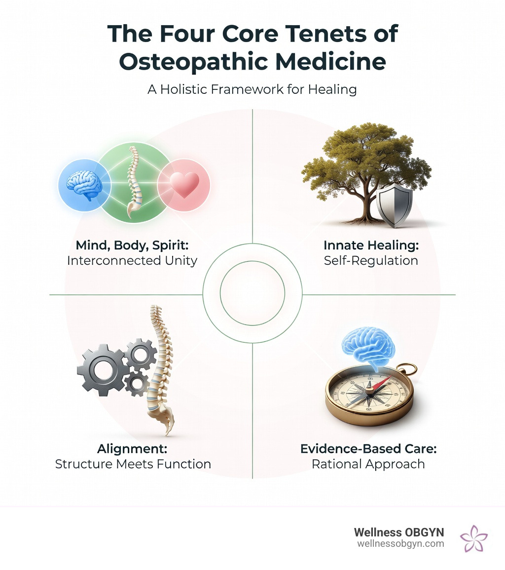 Infographic showing the four core tenets of osteopathic medicine: 1) The body is a unified whole of mind, body, and spirit, 2) The body possesses self-regulatory and self-healing mechanisms, 3) Structure and function are reciprocally interrelated, 4) Rational treatment is based on understanding these three principles - what is osteopathy infographic 