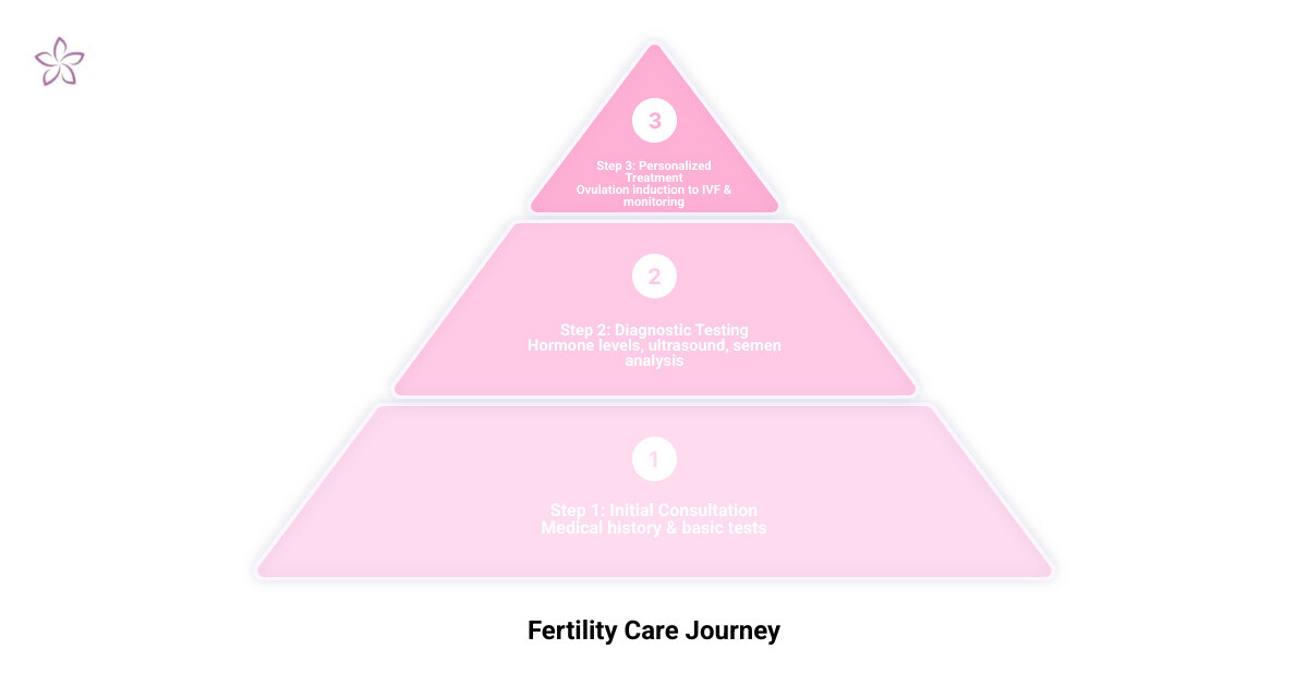 Infographic showing the fertility care journey in Honolulu: Step 1 - Initial consultation and medical history review; Step 2 - Diagnostic testing including hormone levels, ultrasound, and semen analysis; Step 3 - Personalized treatment plan from ovulation induction to IVF; Step 4 - Ongoing monitoring and support through conception and pregnancy - reproductive endocrinologist honolulu infographic 3_stage_pyramid