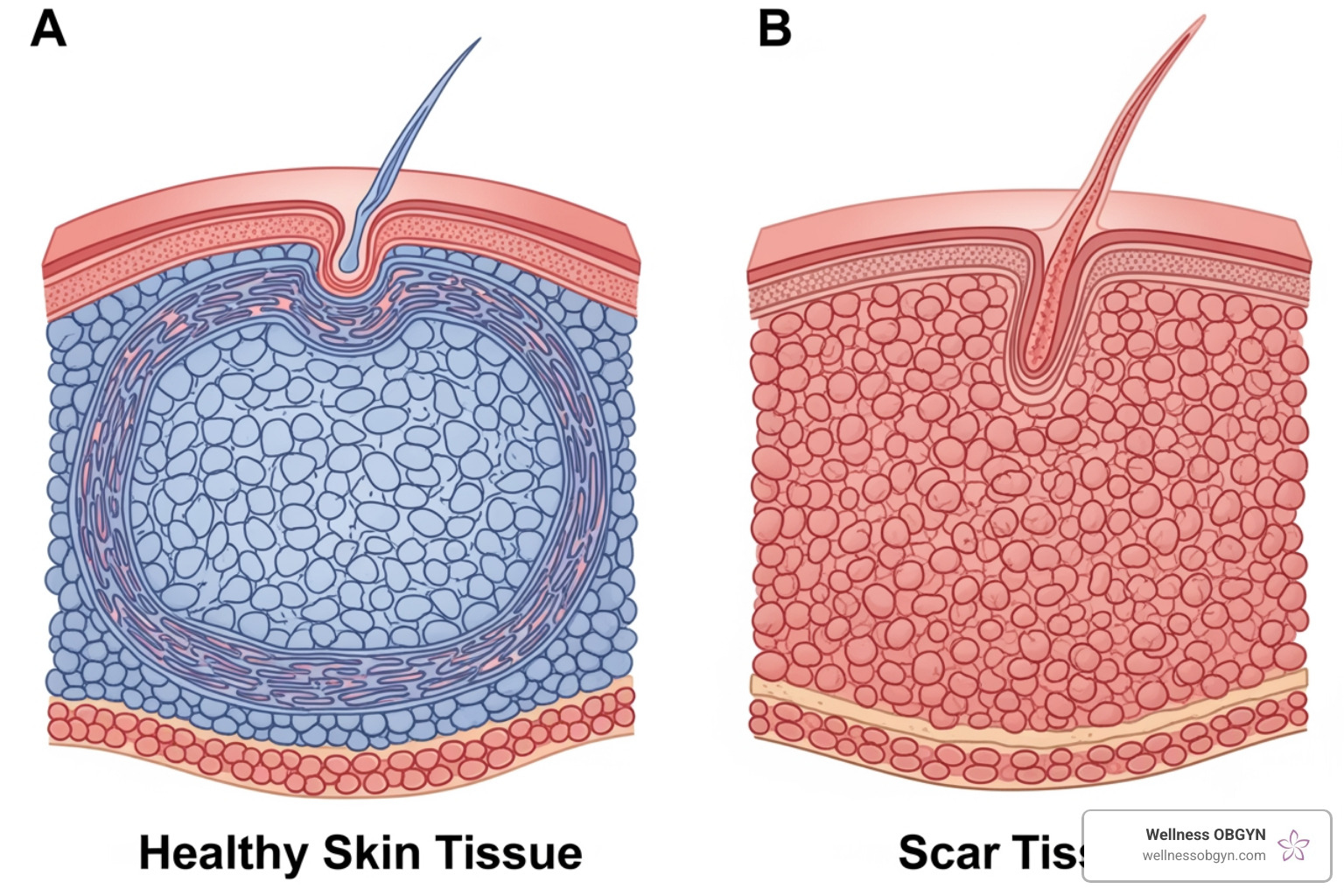 Diagram showing healthy tissue with organized collagen fibers versus rigid scar tissue with disorganized, dense fiber clumps - scar tissue massage