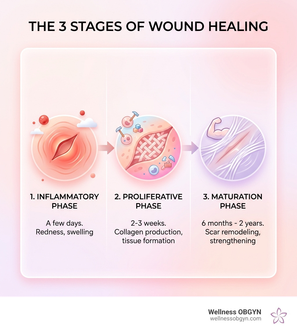 Infographic showing the three stages of wound healing: inflammatory phase lasting a few days with redness and swelling, proliferative phase lasting 2-3 weeks with collagen production and tissue formation, and maturation phase lasting 6 months to 2 years with scar remodeling and strengthening - scar tissue massage infographic 