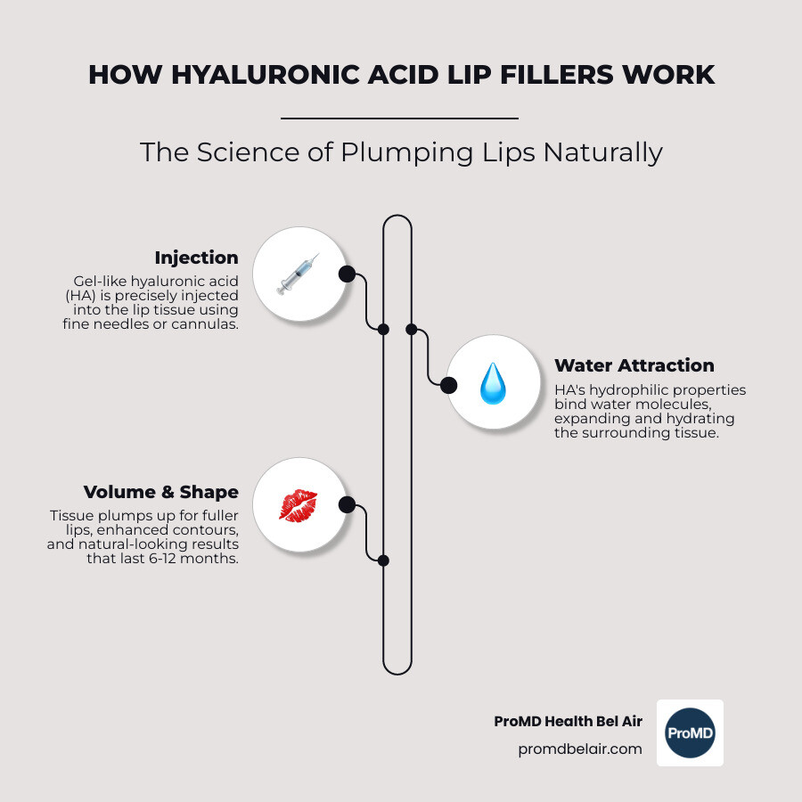 Infographic showing how hyaluronic acid fillers work: HA molecules bind with water in the skin tissue, creating volume and hydration in the lips, with arrows illustrating the injection process and water attraction mechanism - What is lip filler infographic infographic-line-3-steps-elegant_beige