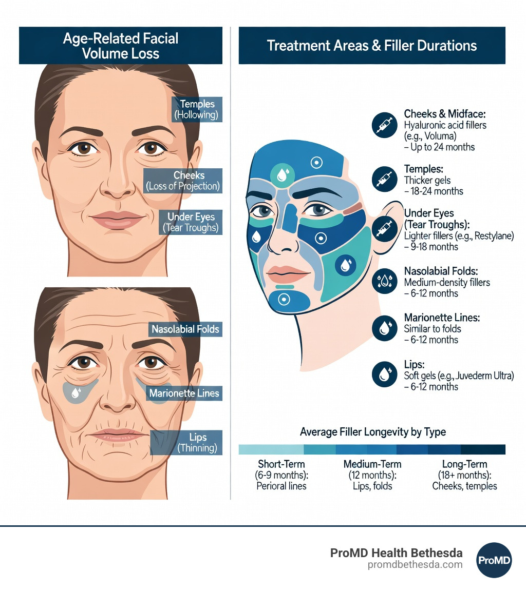 infographic showing facial aging process with volume loss in cheeks, temples, under eyes, nasolabial folds, marionette lines, and lips, alongside common dermal filler treatment areas and duration of results by filler type - what are dermal fillers used for infographic infographic showing facial aging process with volume loss in cheeks, temples, under eyes, nasolabial folds, marionette lines, and lips, alongside common dermal filler treatment areas and duration of results by filler type - what are dermal fillers used for infographic
