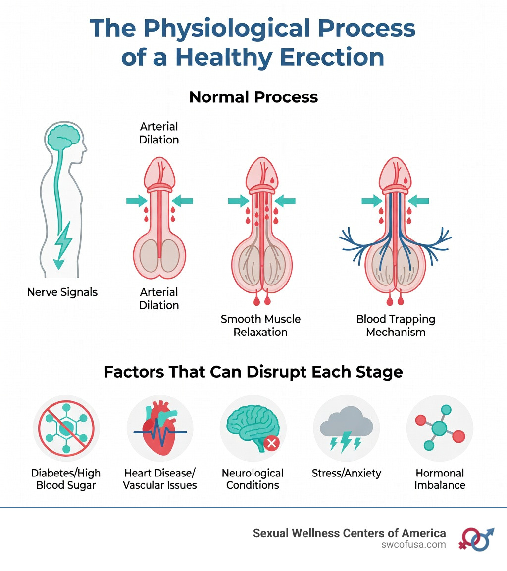 infographic showing the physiological process of a healthy erection, including nerve signals, arterial blood flow, smooth muscle relaxation in corpora cavernosa, blood trapping mechanism, and factors that can disrupt each stage - erectile dysfunction treatment Texas infographic infographic showing the physiological process of a healthy erection, including nerve signals, arterial blood flow, smooth muscle relaxation in corpora cavernosa, blood trapping mechanism, and factors that can disrupt each stage - erectile dysfunction treatment Texas infographic