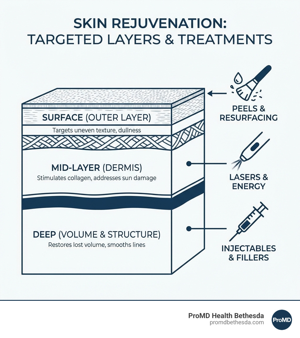 infographic showing the layers of skin and how different rejuvenation treatments target specific depths: surface treatments like peels for outer layer, lasers for mid-layer collagen, and injectables for deep volume restoration - Skin rejuvenation clinic infographic 