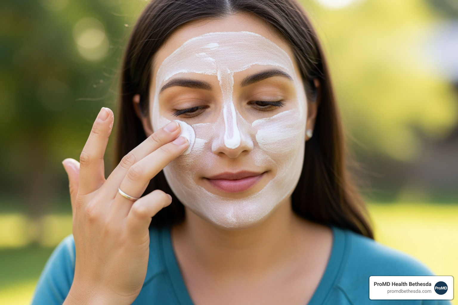woman applying white mineral sunscreen to her face, showing the physical barrier protection - best skincare products when pregnant
