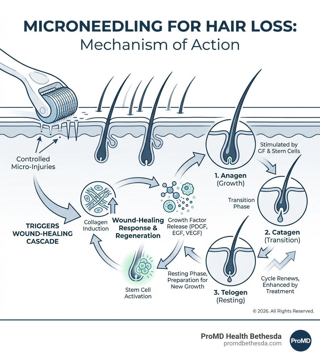 Infographic showing how microneedling creates micro-injuries in the scalp, triggering the wound-healing cascade with collagen induction, growth factor release (PDGF, EGF, VEGF), stem cell activation, and the hair growth cycle phases: anagen (growth), catagen (transition), and telogen (resting) - microneedling for hair loss infographic Infographic showing how microneedling creates micro-injuries in the scalp, triggering the wound-healing cascade with collagen induction, growth factor release (PDGF, EGF, VEGF), stem cell activation, and the hair growth cycle phases: anagen (growth), catagen (transition), and telogen (resting) - microneedling for hair loss infographic