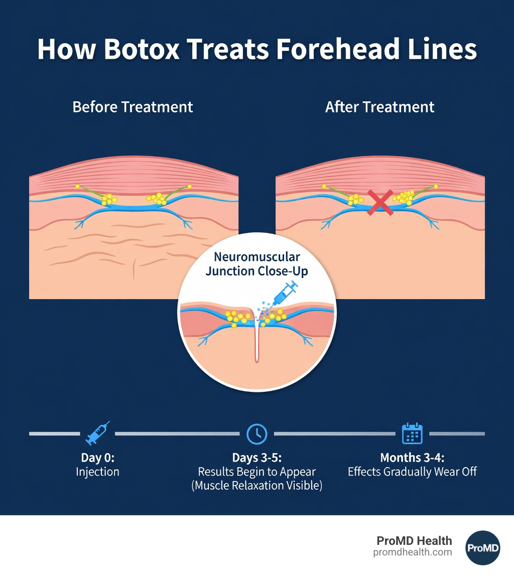 Infographic showing how Botox relaxes the frontalis muscle in the forehead by blocking acetylcholine release at the neuromuscular junction, preventing muscle contractions that cause horizontal forehead lines, with a timeline showing results appearing in 3-5 days and lasting 3-4 months - botox for forehead lines arlington, va infographic Infographic showing how Botox relaxes the frontalis muscle in the forehead by blocking acetylcholine release at the neuromuscular junction, preventing muscle contractions that cause horizontal forehead lines, with a timeline showing results appearing in 3-5 days and lasting 3-4 months - botox for forehead lines arlington, va infographic