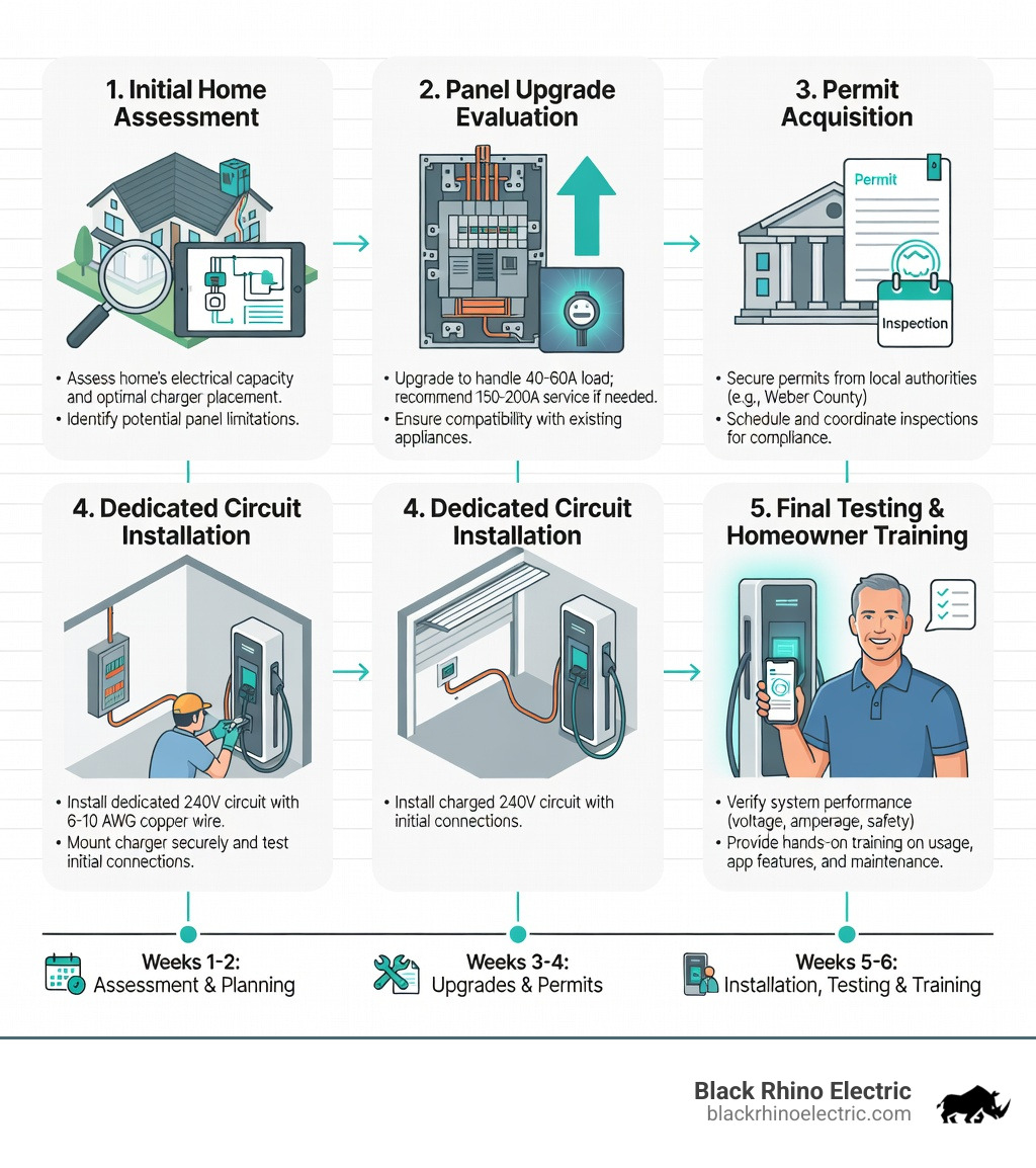 infographic showing the complete EV charger installation process from initial home assessment through panel upgrade evaluation to permit acquisition to dedicated circuit installation to final testing and homeowner training with timeline of three to six weeks - car charger installers near me infographic 