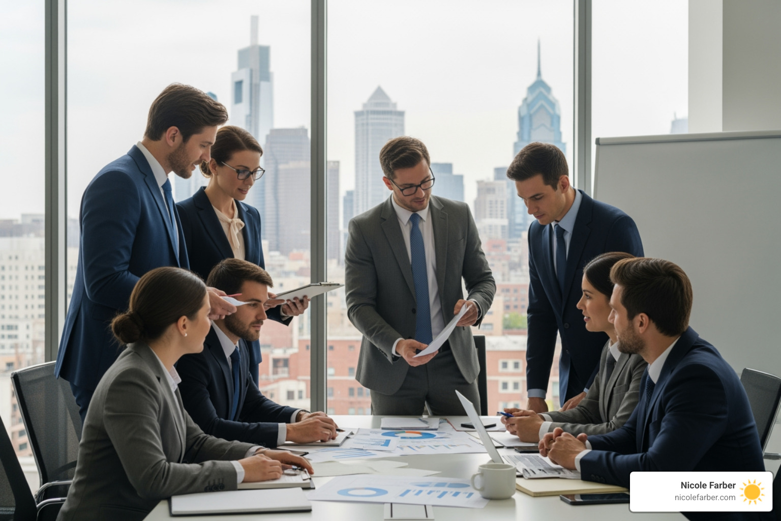 Modern law office in Philadelphia with attorneys collaborating on strategy - law firm success coaching