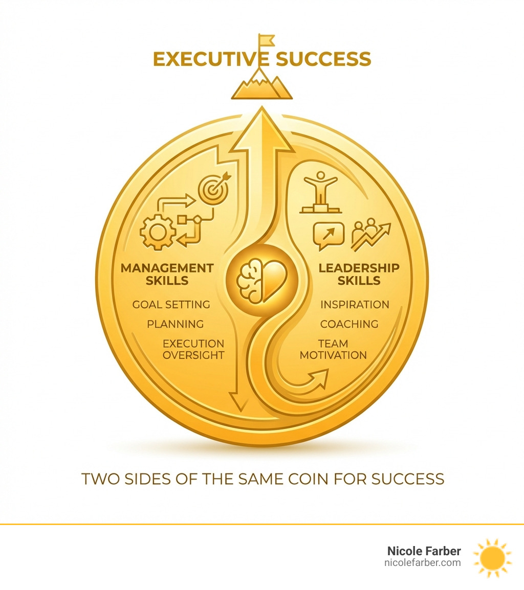 Infographic showing the complementary relationship between management skills (goal setting, planning, execution oversight) and leadership skills (inspiration, coaching, team motivation) as two sides of the same coin for executive success - management and leadership training infographic 
