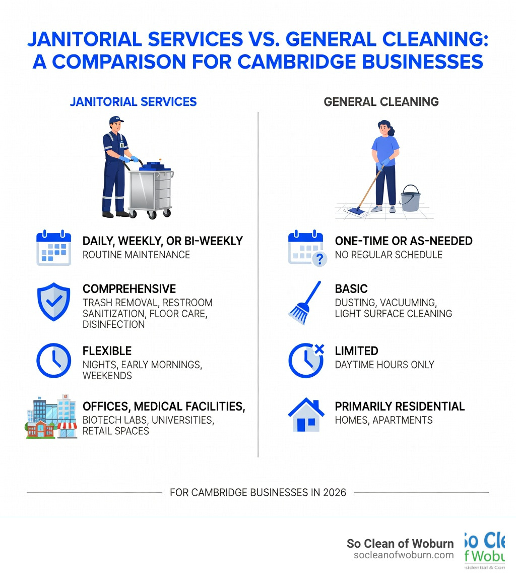 infographic showing the difference between janitorial services and general cleaning, including service frequency, scope of work, scheduling flexibility, and industries served - janitorial services Cambridge MA infographic 