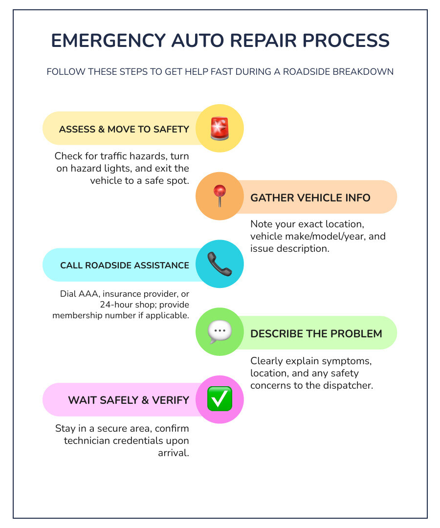 infographic showing emergency auto repair process: assess the situation and move to safety, gather vehicle information and precise location, call roadside assistance or 24-hour shop with membership number ready, describe the problem clearly to dispatch, wait in a safe location for technician arrival, verify credentials when help arrives - auto repair 24 hours near me infographic infographic-line-5-steps-colors