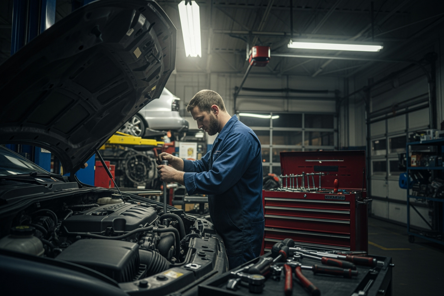 mechanic working late under shop lights - auto repair 24 hours near me