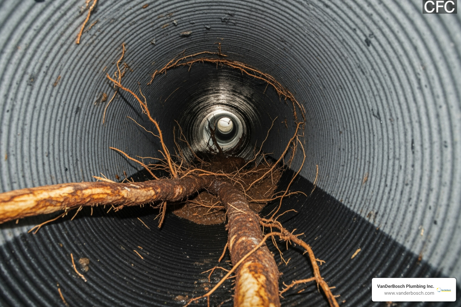 Sewer camera footage showing severe tree root intrusion blocking a sewer line - average cost of trenchless sewer repair