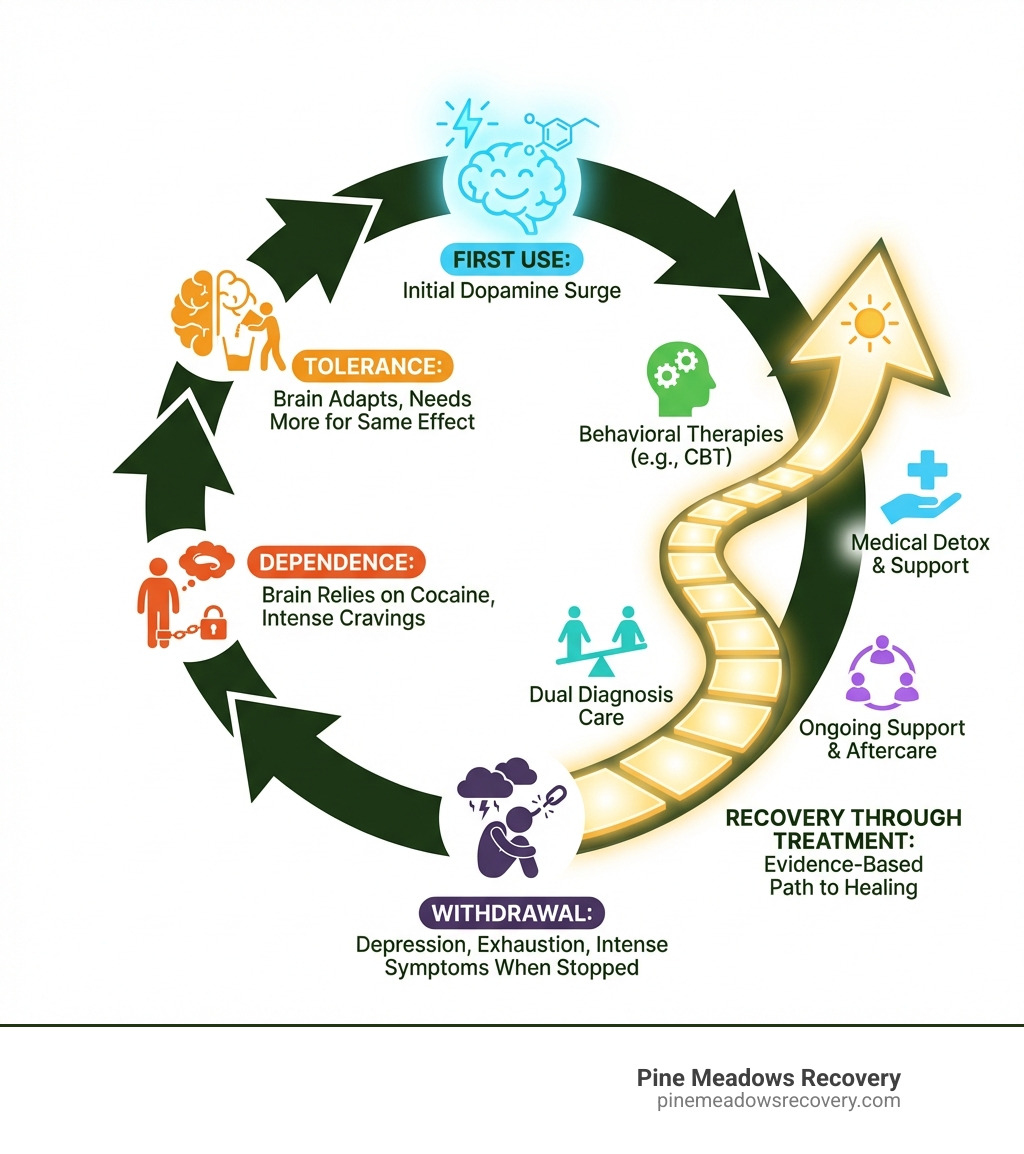infographic showing the cycle of cocaine addiction from first use through tolerance, dependence, withdrawal, and the path to recovery through treatment - Cocaine addiction treatment infographic infographic showing the cycle of cocaine addiction from first use through tolerance, dependence, withdrawal, and the path to recovery through treatment - Cocaine addiction treatment infographic