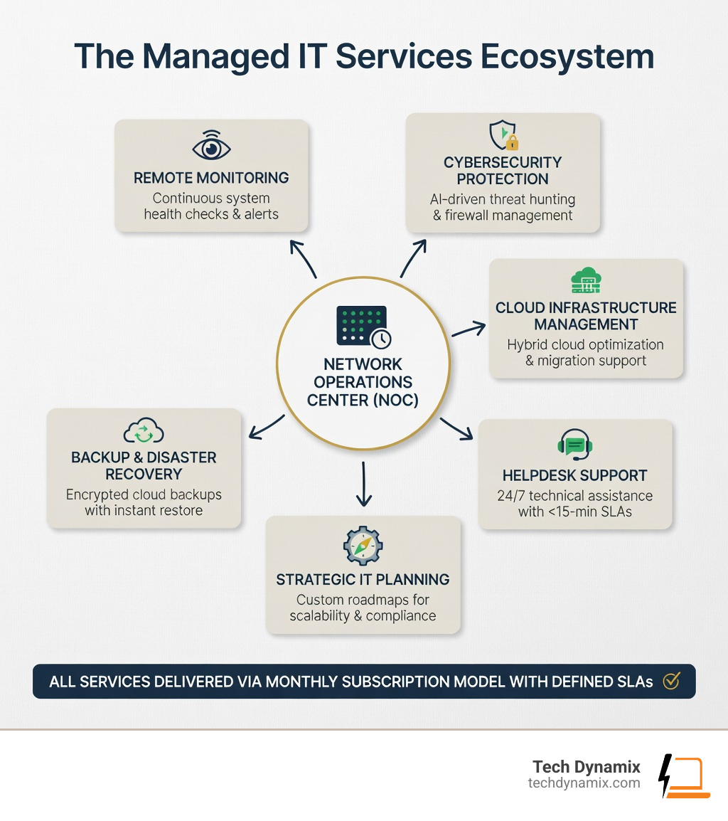 Infographic showing the managed IT services ecosystem: Remote monitoring feeds into a Network Operations Center (NOC) that provides 24/7 oversight, connecting to services including cybersecurity protection, cloud infrastructure management, helpdesk support, backup and disaster recovery, and strategic IT planning—all delivered through a subscription model with defined SLAs - managed IT services infographic Infographic showing the managed IT services ecosystem: Remote monitoring feeds into a Network Operations Center (NOC) that provides 24/7 oversight, connecting to services including cybersecurity protection, cloud infrastructure management, helpdesk support, backup and disaster recovery, and strategic IT planning—all delivered through a subscription model with defined SLAs - managed IT services infographic