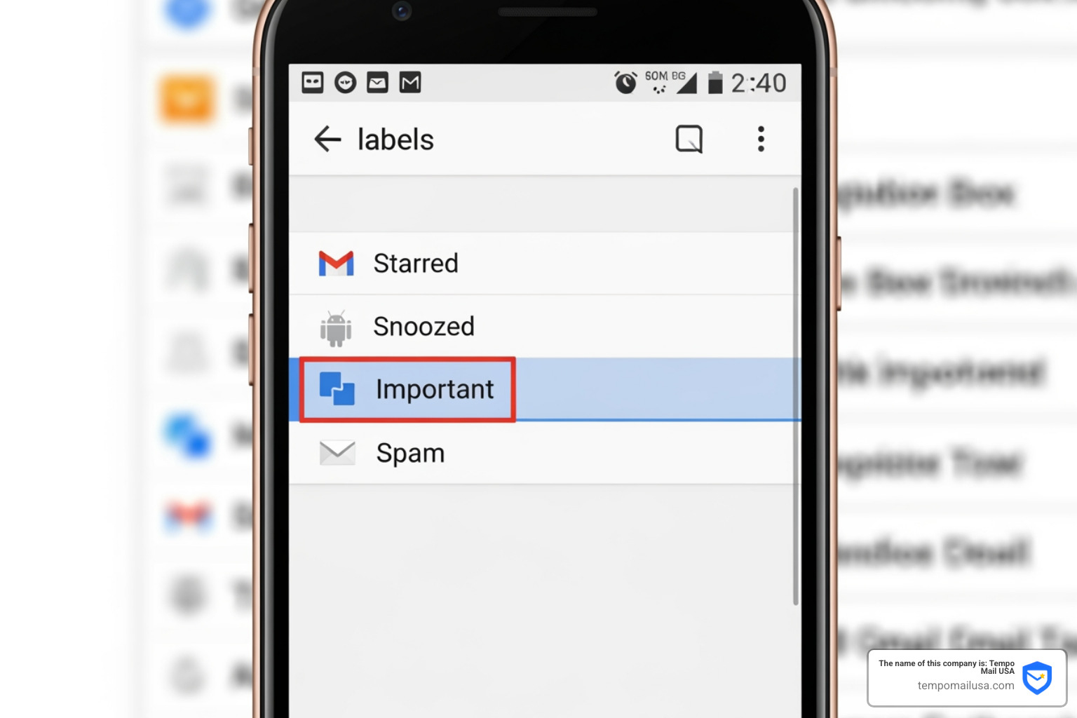 Gmail app sidebar menu showing various labels like Starred, Snoozed, and Spam - spam folder in gmail app