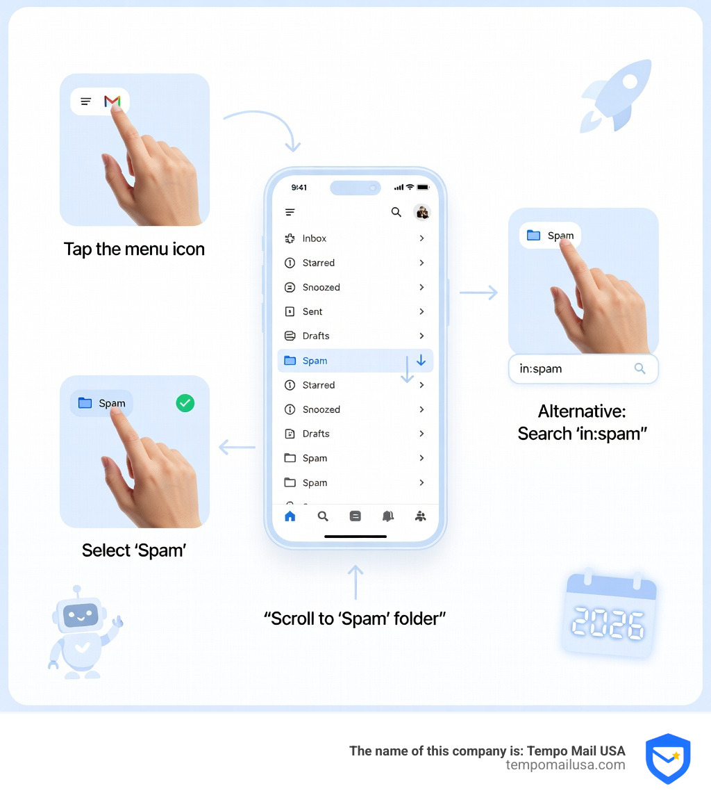 infographic showing the path to access spam folder in Gmail mobile app: tap three-line menu icon, scroll down label list, select spam folder, with alternative method showing search bar with in:spam operator - spam folder in gmail app infographic 