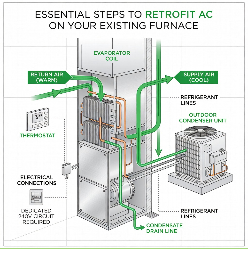 infographic showing the key components needed to add AC to existing furnace including evaporator coil placement in furnace plenum, outdoor condenser unit, refrigerant lines, condensate drain, electrical requirements, and thermostat integration with arrows showing airflow path - add ac to existing furnace infographic 