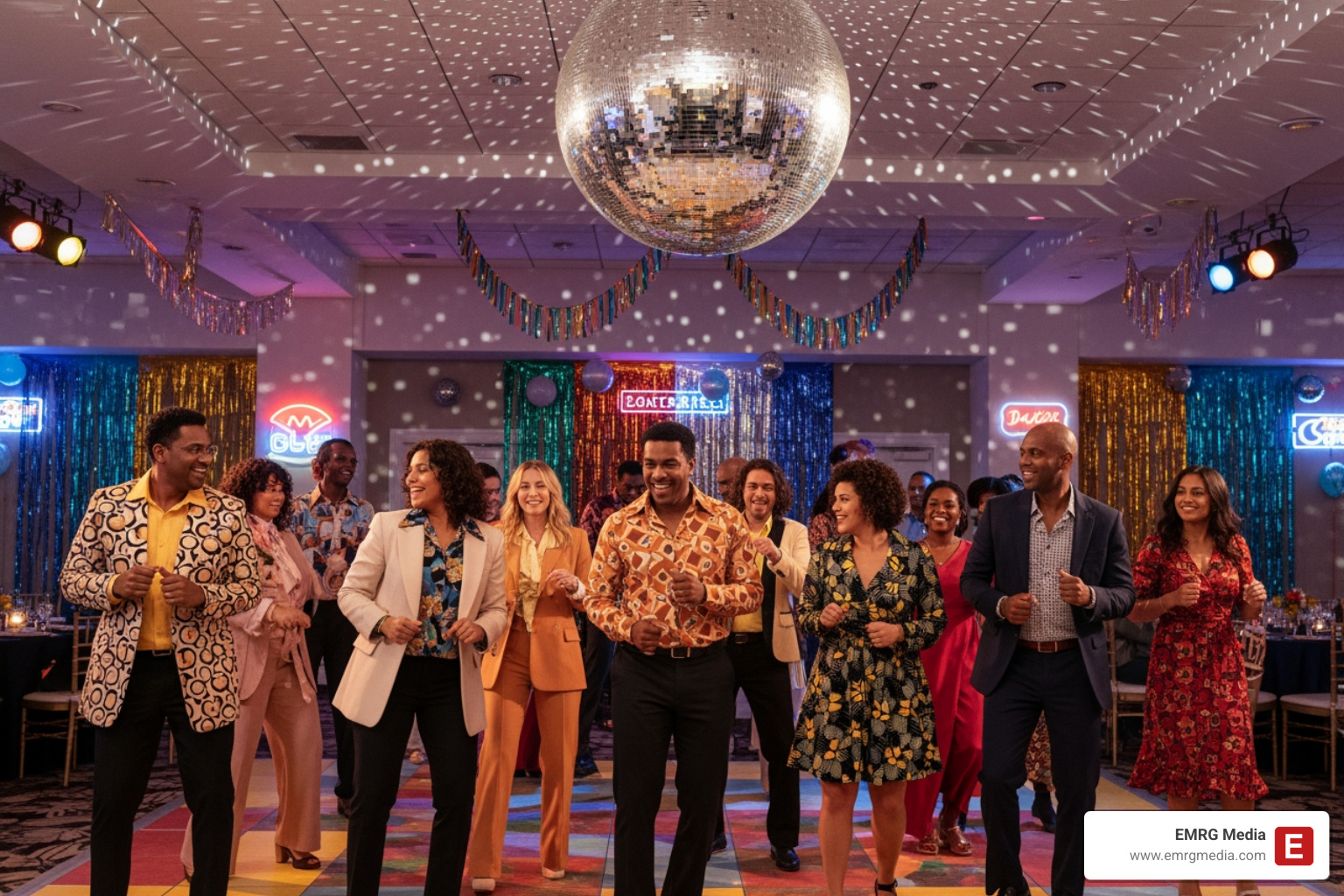 Employees dancing under a disco ball at a retro-themed corporate party - company annual dinner theme ideas