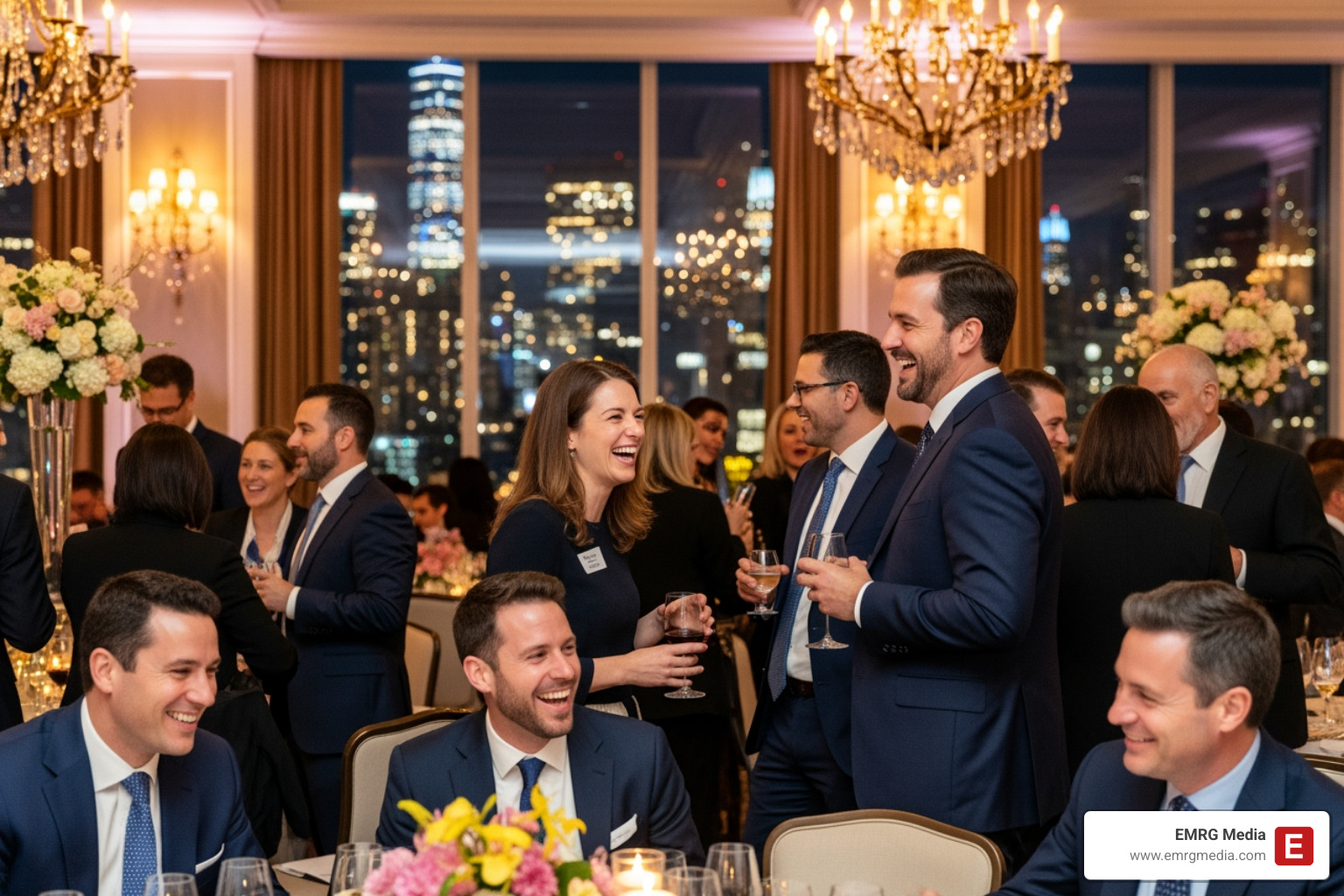 Professionals networking and laughing at a high-end corporate dinner in NYC - company annual dinner theme ideas
