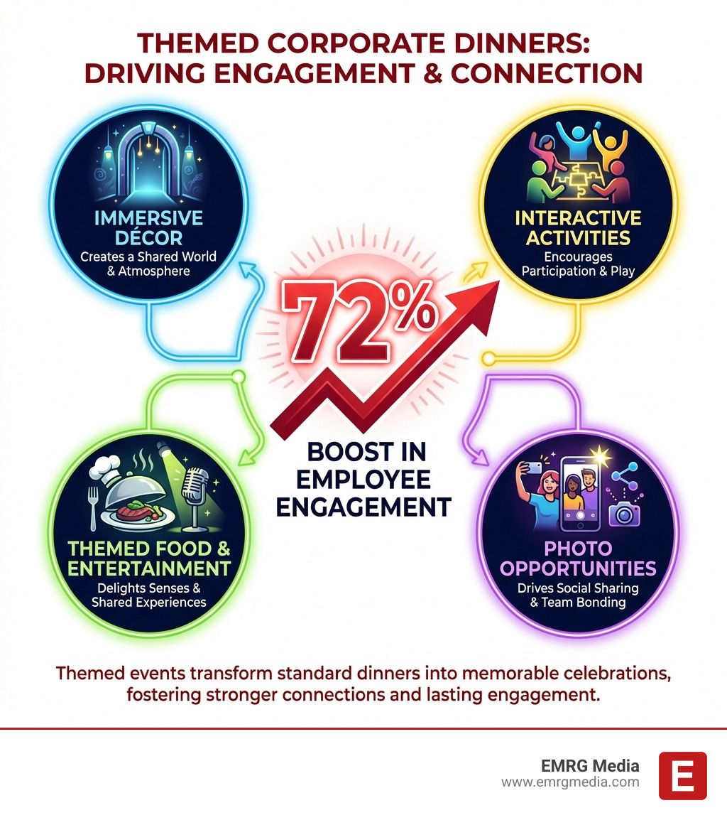 Infographic showing how themed corporate dinners boost employee engagement by 72%, with key elements including immersive décor, interactive activities, themed food and entertainment, and photo opportunities that drive social sharing and team bonding - company annual dinner theme ideas infographic 