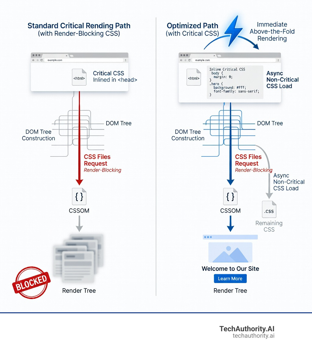 Infographic showing the critical rendering path: Browser requests HTML, parses and builds DOM tree, requests CSS files (render-blocking), builds CSSOM, combines into render tree, then paints the page. With critical CSS: inline styles in HTML head allow immediate above-the-fold rendering while remaining CSS loads asynchronously - WordPress critical CSS plugin infographic 