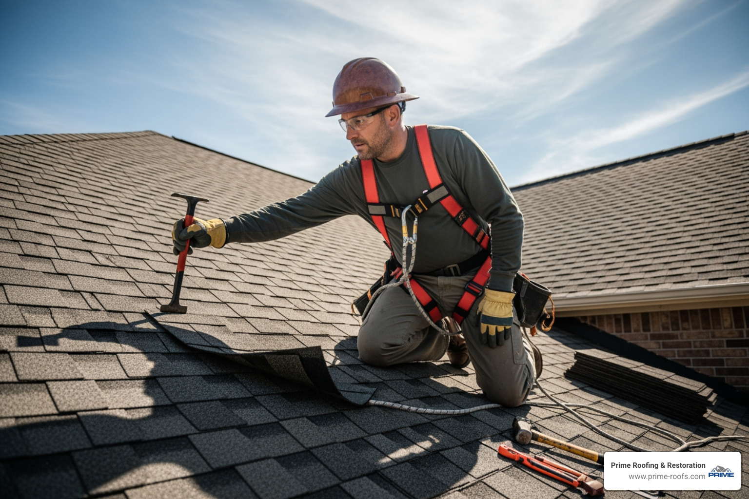 professional roofer inspecting a damaged shingle - emergency roof leak fix professional roofer inspecting a damaged shingle - emergency roof leak fix
