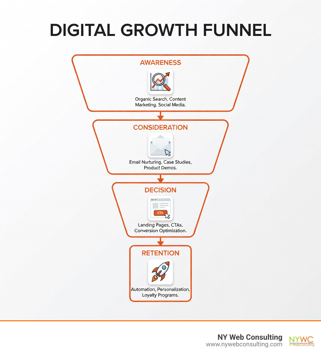 Infographic showing the digital growth funnel with four stages: Awareness (organic search, content marketing, social media), Consideration (email nurturing, case studies, product demos), Decision (landing pages, CTAs, conversion optimization), and Retention (automation, personalization, loyalty programs) - digital growth strategy infographic Infographic showing the digital growth funnel with four stages: Awareness (organic search, content marketing, social media), Consideration (email nurturing, case studies, product demos), Decision (landing pages, CTAs, conversion optimization), and Retention (automation, personalization, loyalty programs) - digital growth strategy infographic