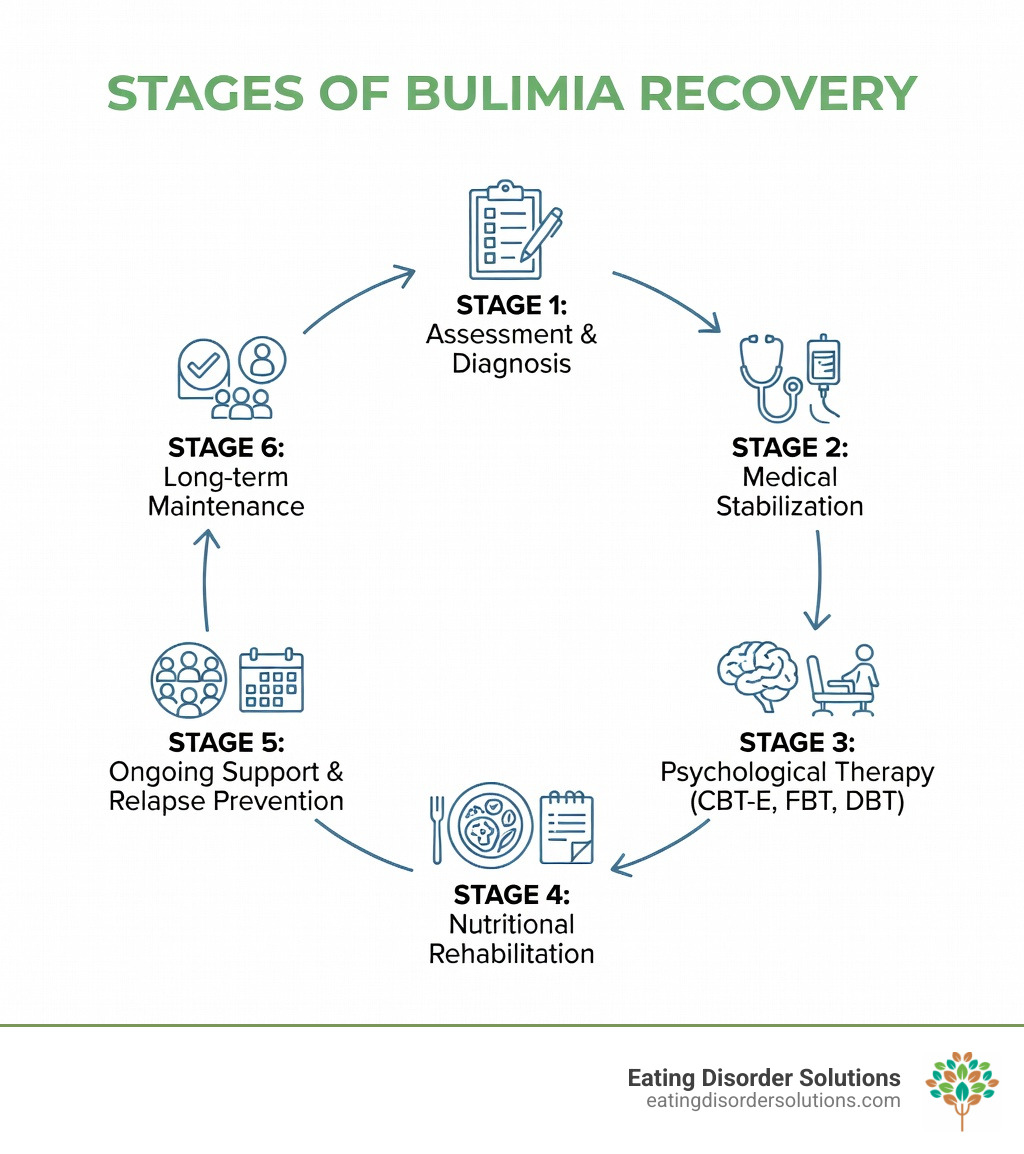 Infographic showing the stages of bulimia recovery: Assessment and diagnosis, Medical stabilization, Psychological therapy (CBT-E, FBT, DBT), Nutritional rehabilitation, Ongoing support and relapse prevention, Long-term maintenance with support groups and check-ins - Bulimia treatment infographic 