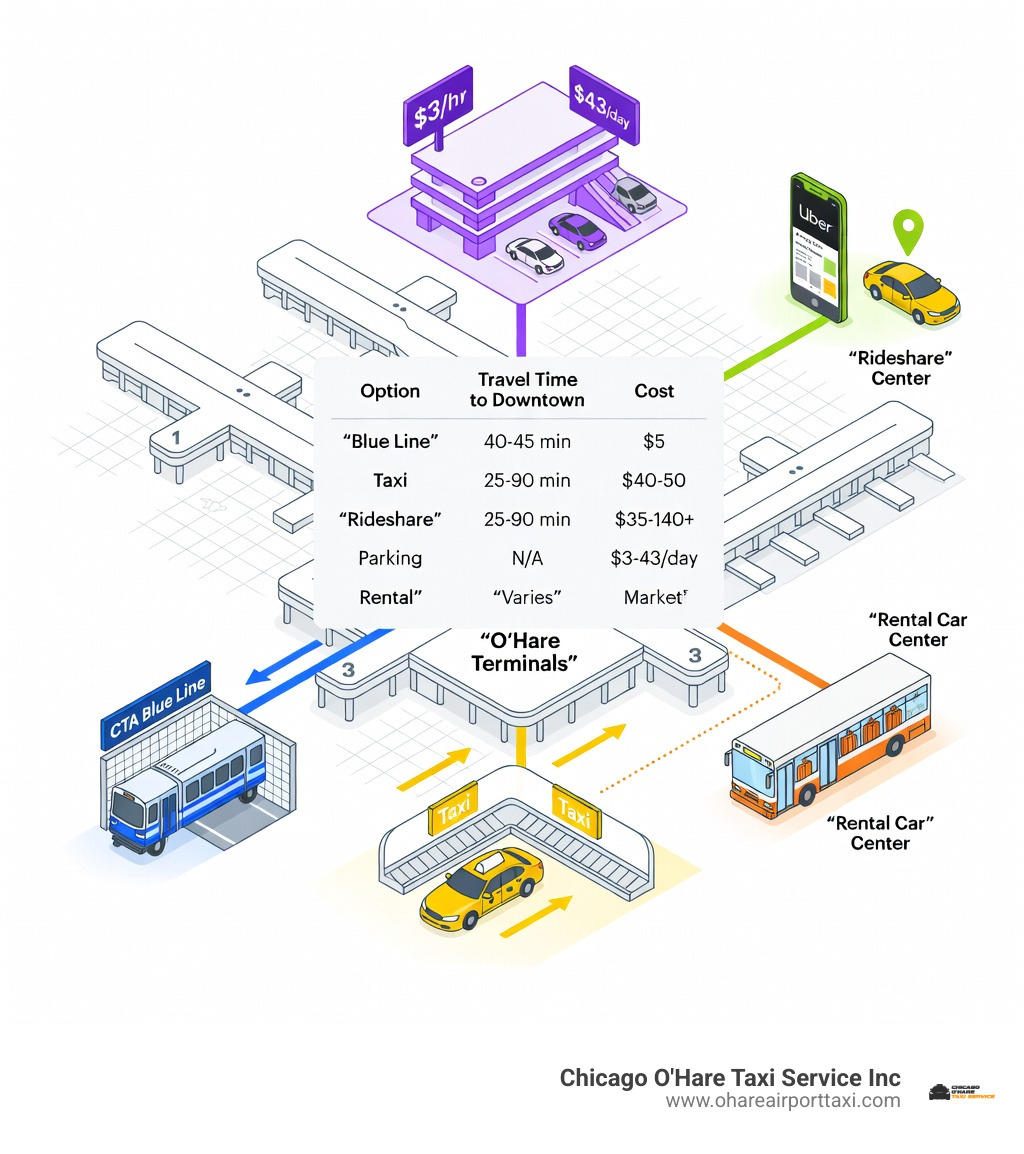 Comparison of O'Hare transportation options showing CTA Blue Line access from terminals, taxi stand locations at baggage claim areas, rideshare pickup zones, parking garage locations with hourly and daily rates, rental car facility connected via ATS shuttle, and typical travel times and costs to downtown Chicago for each option - transportation O'Hare airport infographic Comparison of O'Hare transportation options showing CTA Blue Line access from terminals, taxi stand locations at baggage claim areas, rideshare pickup zones, parking garage locations with hourly and daily rates, rental car facility connected via ATS shuttle, and typical travel times and costs to downtown Chicago for each option - transportation O'Hare airport infographic